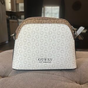 GUESS Monogram White and Tan Crossbody Bag